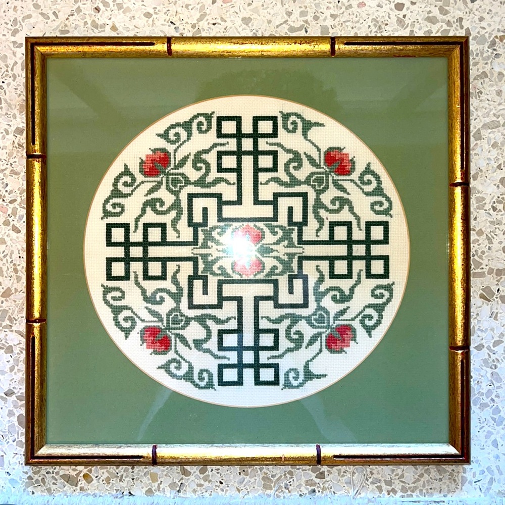 Custom matted & framed Crosstitch Celtic like cross with vines and flowers.